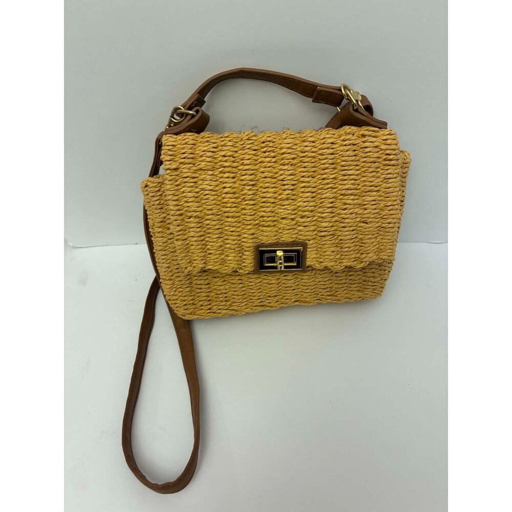 Primark Woven Paper/ Raffia Style Fiber Straw Crossbody Bag Brown‎ Faux Leather